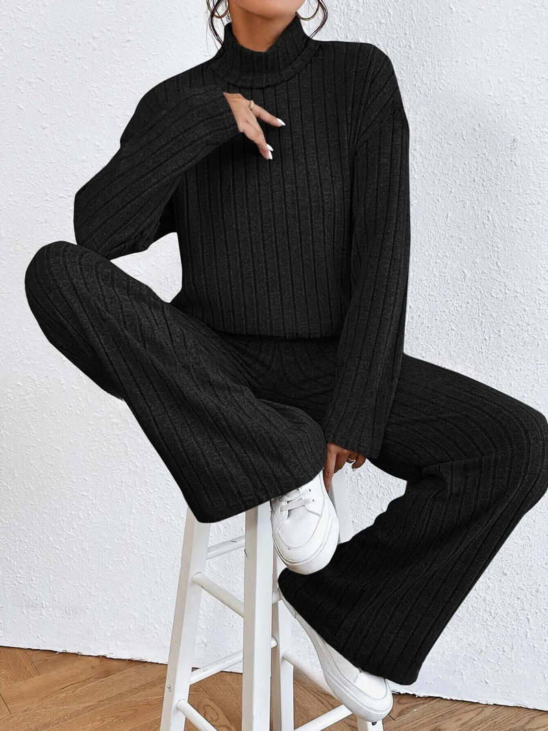 Neck Dropped Shoulder Top and Pants Set