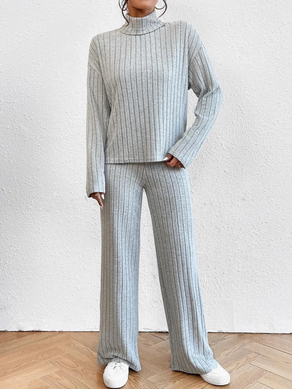 Neck Dropped Shoulder Top and Pants Set